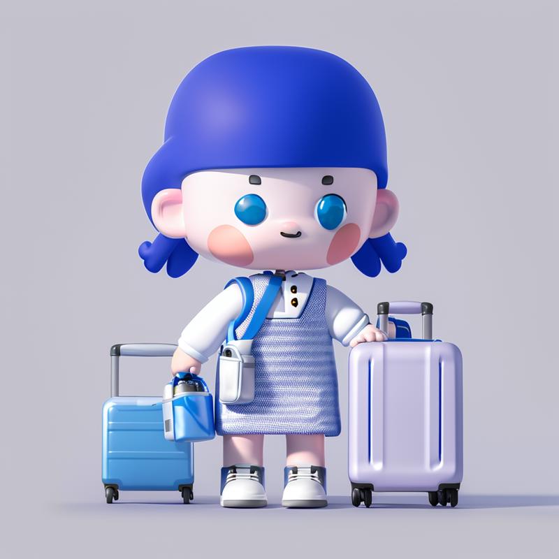 03289-1758842404-a boy ,Backpack, blue hair, dress, pushing suitcase, Soft light, white background.png